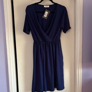 NWT Soft Navy Wrap-Style Midi Dress
